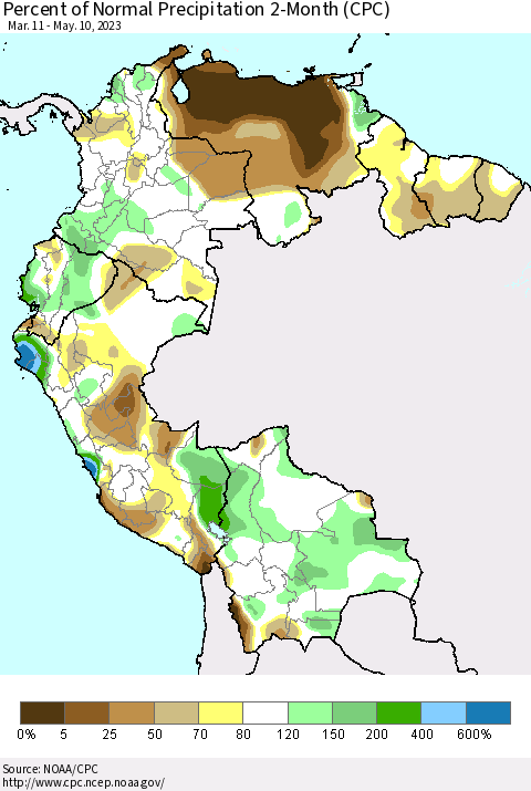 Northern South America Percent of Normal Precipitation 2-Month (CPC) Thematic Map For 3/11/2023 - 5/10/2023