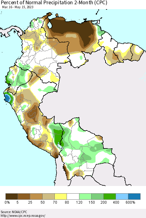 Northern South America Percent of Normal Precipitation 2-Month (CPC) Thematic Map For 3/16/2023 - 5/15/2023