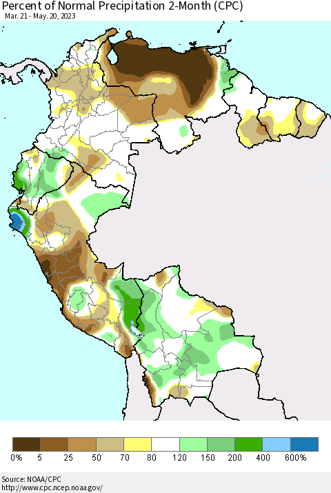 Northern South America Percent of Normal Precipitation 2-Month (CPC) Thematic Map For 3/21/2023 - 5/20/2023