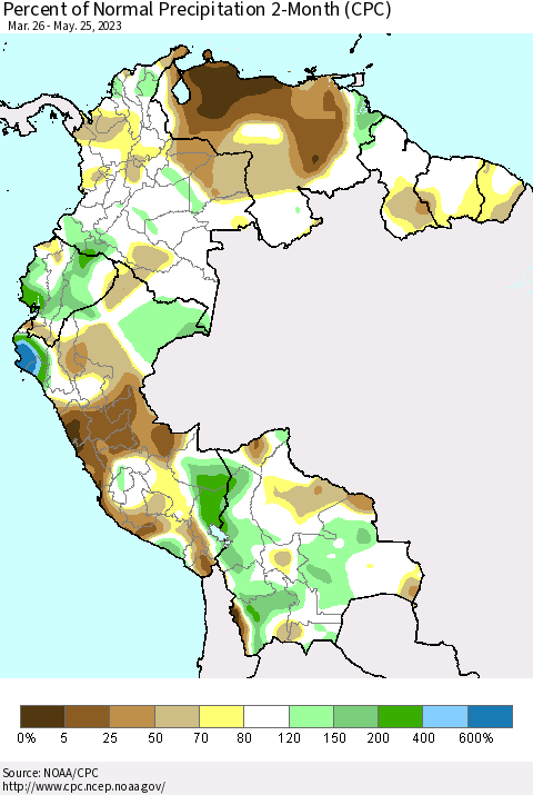 Northern South America Percent of Normal Precipitation 2-Month (CPC) Thematic Map For 3/26/2023 - 5/25/2023