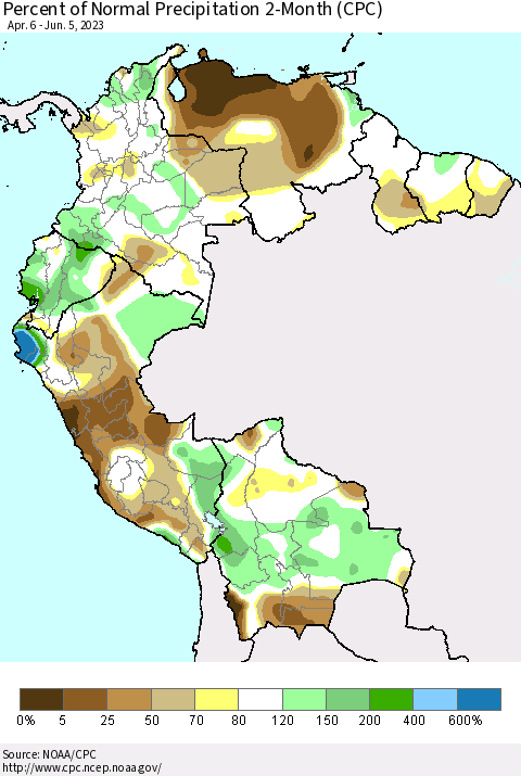 Northern South America Percent of Normal Precipitation 2-Month (CPC) Thematic Map For 4/6/2023 - 6/5/2023