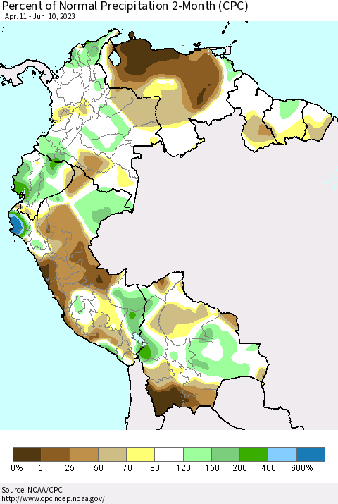 Northern South America Percent of Normal Precipitation 2-Month (CPC) Thematic Map For 4/11/2023 - 6/10/2023