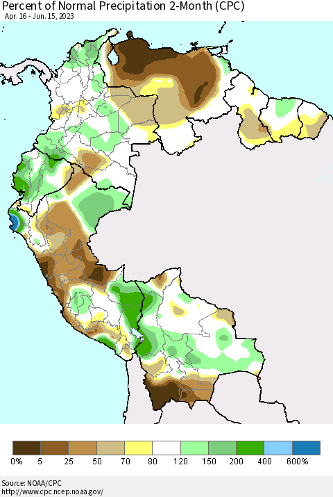 Northern South America Percent of Normal Precipitation 2-Month (CPC) Thematic Map For 4/16/2023 - 6/15/2023