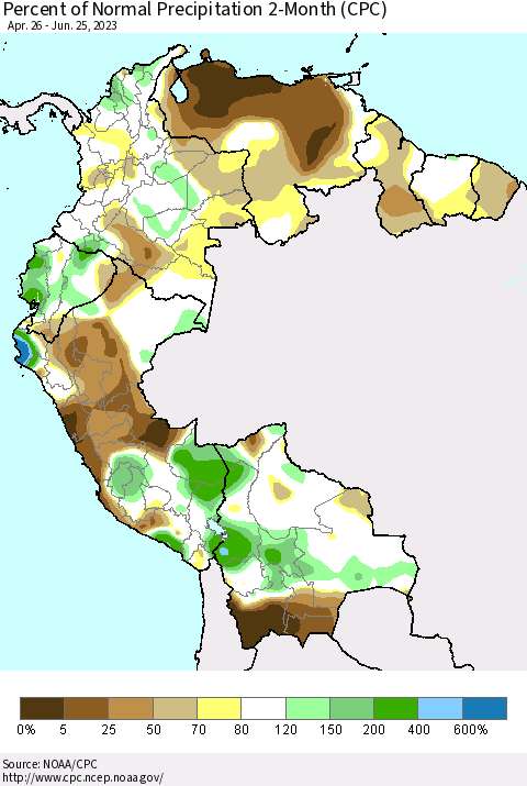 Northern South America Percent of Normal Precipitation 2-Month (CPC) Thematic Map For 4/26/2023 - 6/25/2023