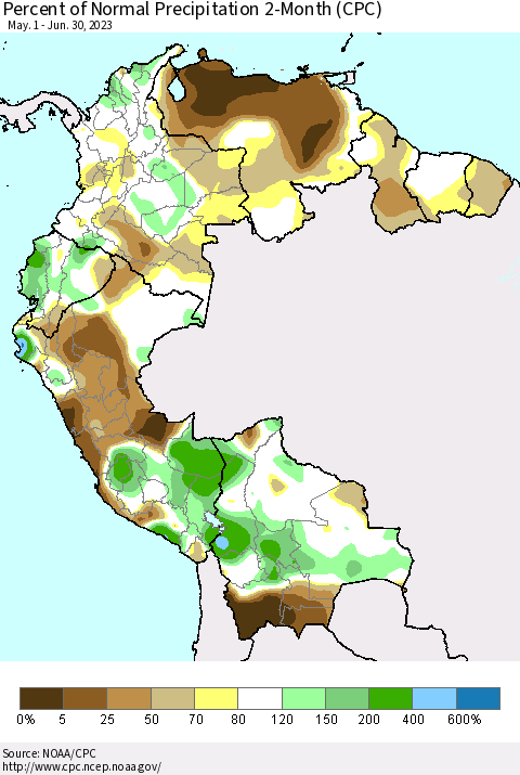 Northern South America Percent of Normal Precipitation 2-Month (CPC) Thematic Map For 5/1/2023 - 6/30/2023