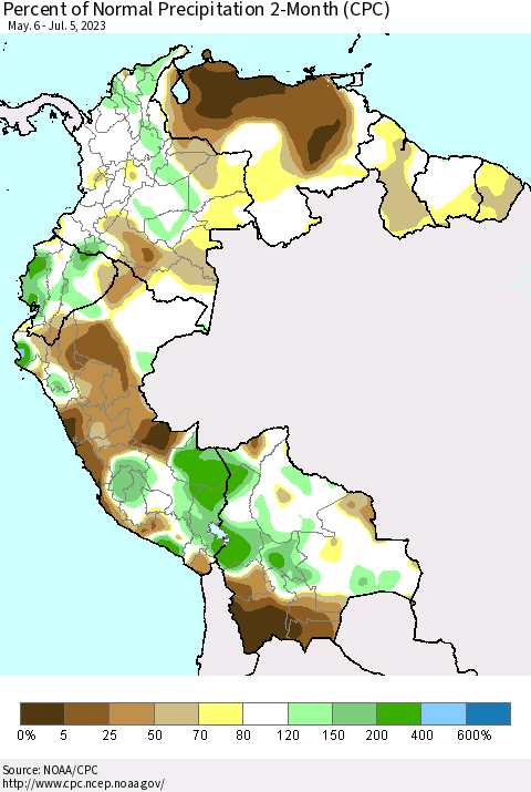 Northern South America Percent of Normal Precipitation 2-Month (CPC) Thematic Map For 5/6/2023 - 7/5/2023