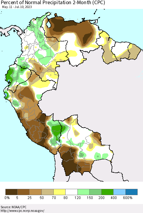 Northern South America Percent of Normal Precipitation 2-Month (CPC) Thematic Map For 5/11/2023 - 7/10/2023