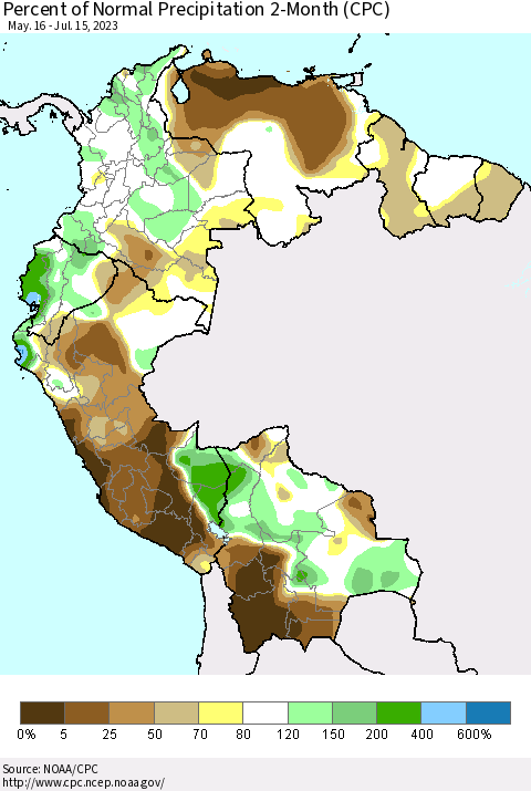 Northern South America Percent of Normal Precipitation 2-Month (CPC) Thematic Map For 5/16/2023 - 7/15/2023