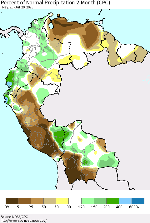 Northern South America Percent of Normal Precipitation 2-Month (CPC) Thematic Map For 5/21/2023 - 7/20/2023