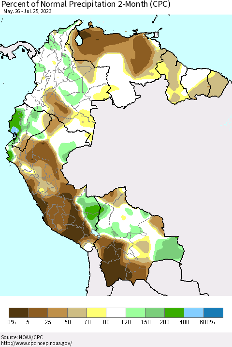 Northern South America Percent of Normal Precipitation 2-Month (CPC) Thematic Map For 5/26/2023 - 7/25/2023