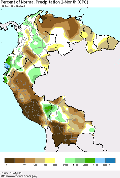 Northern South America Percent of Normal Precipitation 2-Month (CPC) Thematic Map For 6/1/2023 - 7/31/2023