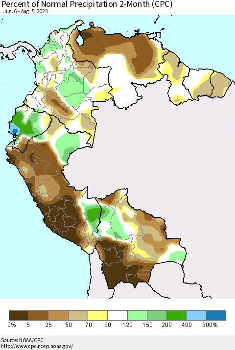 Northern South America Percent of Normal Precipitation 2-Month (CPC) Thematic Map For 6/6/2023 - 8/5/2023