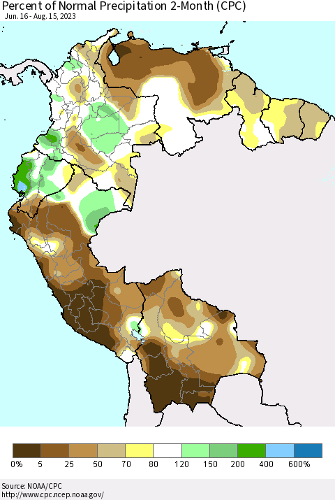 Northern South America Percent of Normal Precipitation 2-Month (CPC) Thematic Map For 6/16/2023 - 8/15/2023