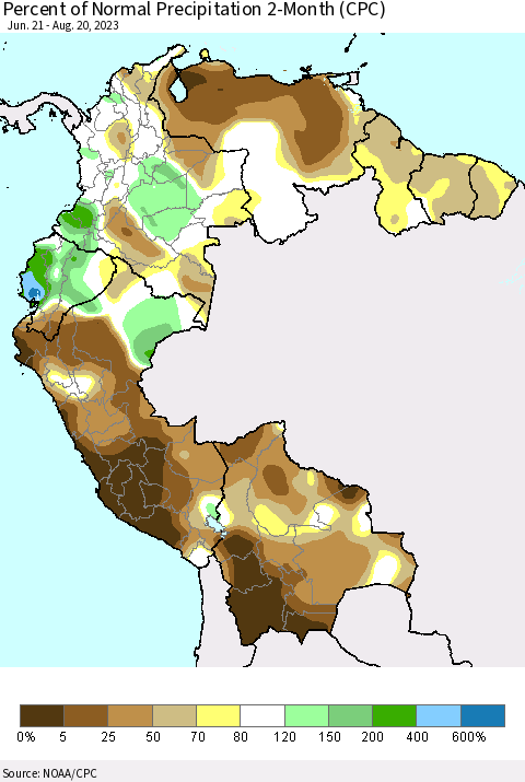 Northern South America Percent of Normal Precipitation 2-Month (CPC) Thematic Map For 6/21/2023 - 8/20/2023