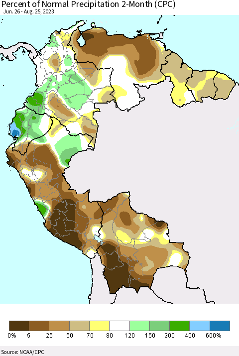 Northern South America Percent of Normal Precipitation 2-Month (CPC) Thematic Map For 6/26/2023 - 8/25/2023