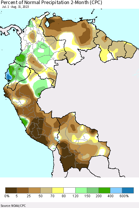 Northern South America Percent of Normal Precipitation 2-Month (CPC) Thematic Map For 7/1/2023 - 8/31/2023