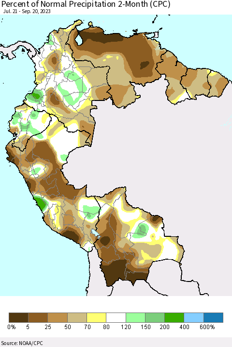 Northern South America Percent of Normal Precipitation 2-Month (CPC) Thematic Map For 7/21/2023 - 9/20/2023
