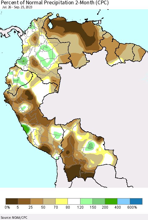 Northern South America Percent of Normal Precipitation 2-Month (CPC) Thematic Map For 7/26/2023 - 9/25/2023