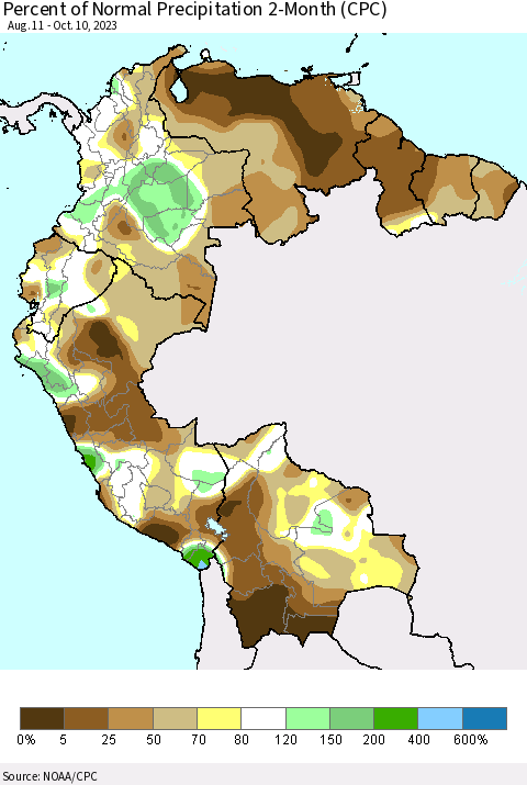 Northern South America Percent of Normal Precipitation 2-Month (CPC) Thematic Map For 8/11/2023 - 10/10/2023