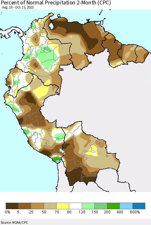 Northern South America Percent of Normal Precipitation 2-Month (CPC) Thematic Map For 8/16/2023 - 10/15/2023