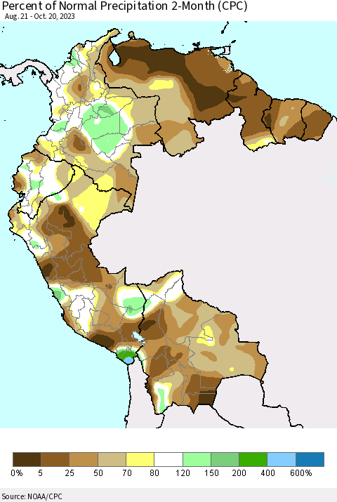 Northern South America Percent of Normal Precipitation 2-Month (CPC) Thematic Map For 8/21/2023 - 10/20/2023