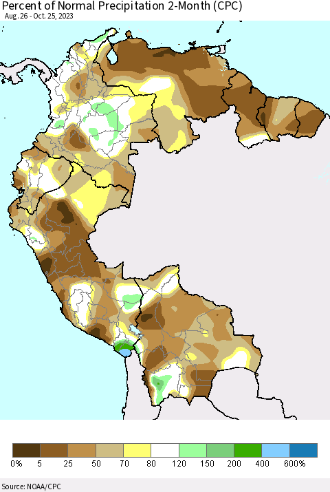 Northern South America Percent of Normal Precipitation 2-Month (CPC) Thematic Map For 8/26/2023 - 10/25/2023