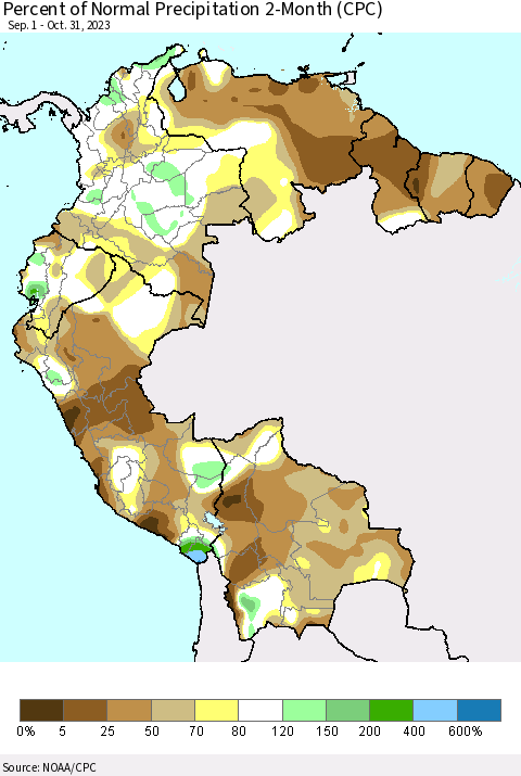 Northern South America Percent of Normal Precipitation 2-Month (CPC) Thematic Map For 9/1/2023 - 10/31/2023