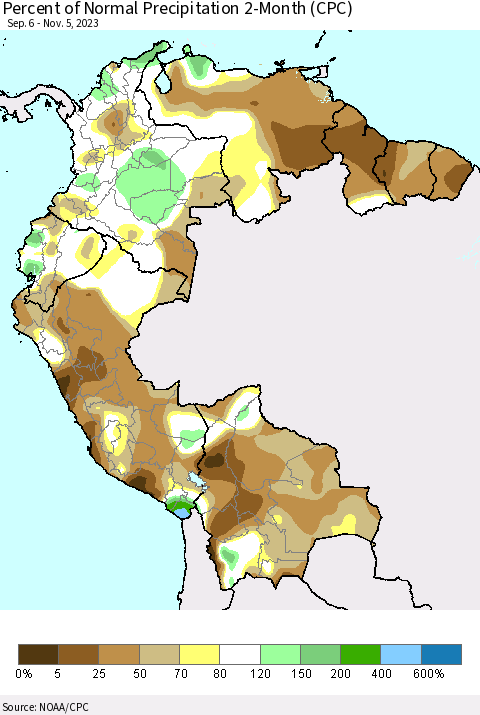 Northern South America Percent of Normal Precipitation 2-Month (CPC) Thematic Map For 9/6/2023 - 11/5/2023