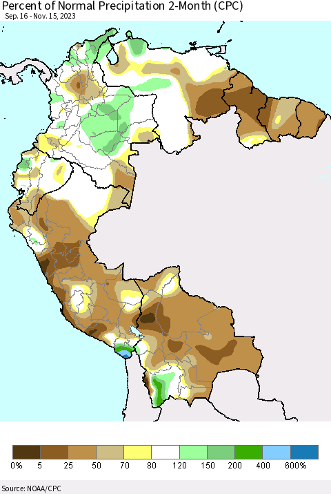 Northern South America Percent of Normal Precipitation 2-Month (CPC) Thematic Map For 9/16/2023 - 11/15/2023