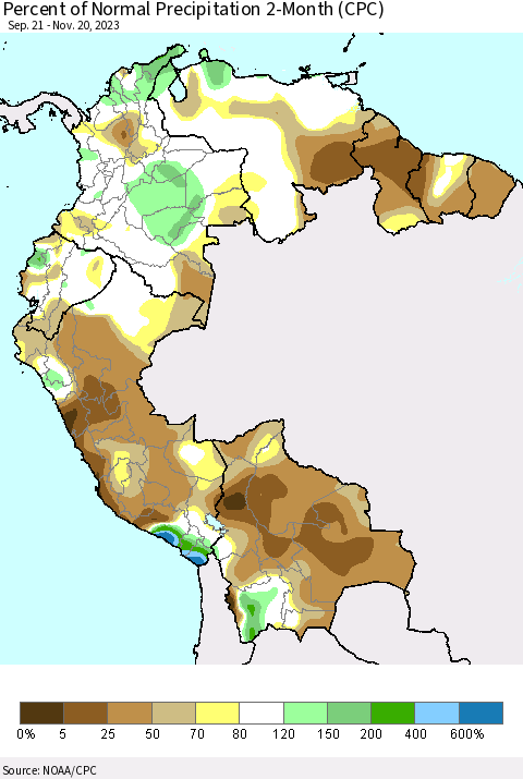 Northern South America Percent of Normal Precipitation 2-Month (CPC) Thematic Map For 9/21/2023 - 11/20/2023