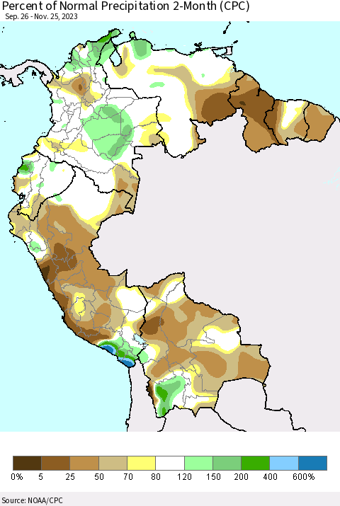 Northern South America Percent of Normal Precipitation 2-Month (CPC) Thematic Map For 9/26/2023 - 11/25/2023