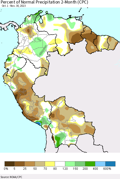 Northern South America Percent of Normal Precipitation 2-Month (CPC) Thematic Map For 10/1/2023 - 11/30/2023