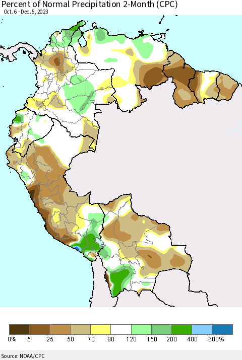 Northern South America Percent of Normal Precipitation 2-Month (CPC) Thematic Map For 10/6/2023 - 12/5/2023