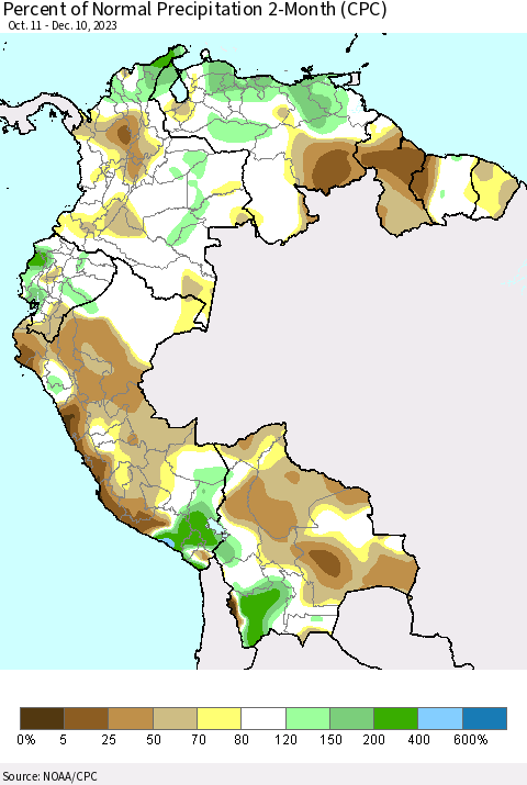Northern South America Percent of Normal Precipitation 2-Month (CPC) Thematic Map For 10/11/2023 - 12/10/2023