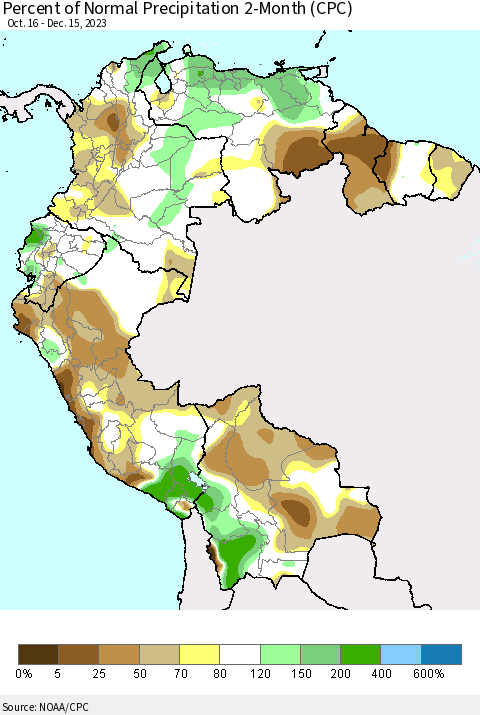 Northern South America Percent of Normal Precipitation 2-Month (CPC) Thematic Map For 10/16/2023 - 12/15/2023