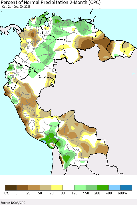 Northern South America Percent of Normal Precipitation 2-Month (CPC) Thematic Map For 10/21/2023 - 12/20/2023