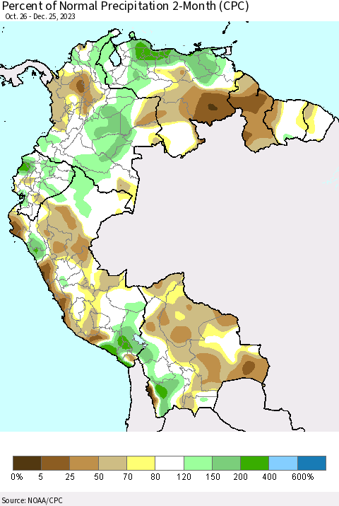 Northern South America Percent of Normal Precipitation 2-Month (CPC) Thematic Map For 10/26/2023 - 12/25/2023