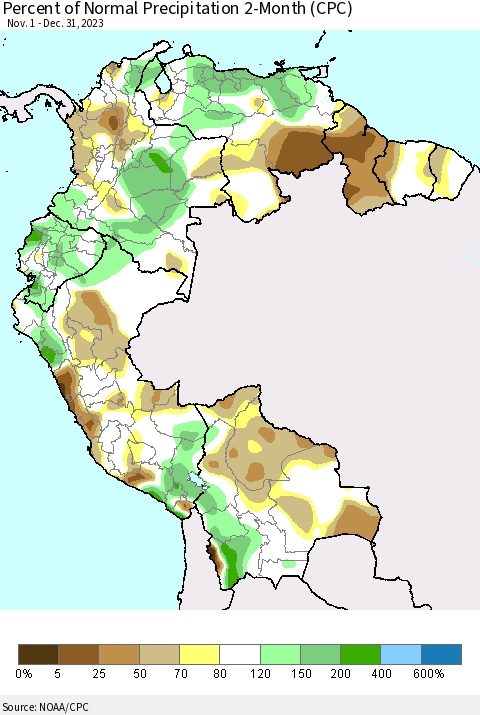 Northern South America Percent of Normal Precipitation 2-Month (CPC) Thematic Map For 11/1/2023 - 12/31/2023