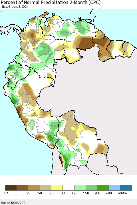 Northern South America Percent of Normal Precipitation 2-Month (CPC) Thematic Map For 11/6/2023 - 1/5/2024