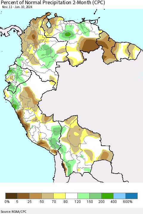 Northern South America Percent of Normal Precipitation 2-Month (CPC) Thematic Map For 11/11/2023 - 1/10/2024