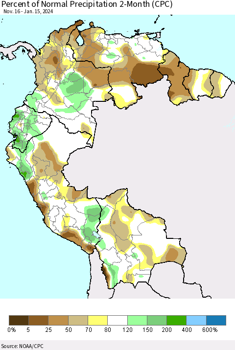 Northern South America Percent of Normal Precipitation 2-Month (CPC) Thematic Map For 11/16/2023 - 1/15/2024