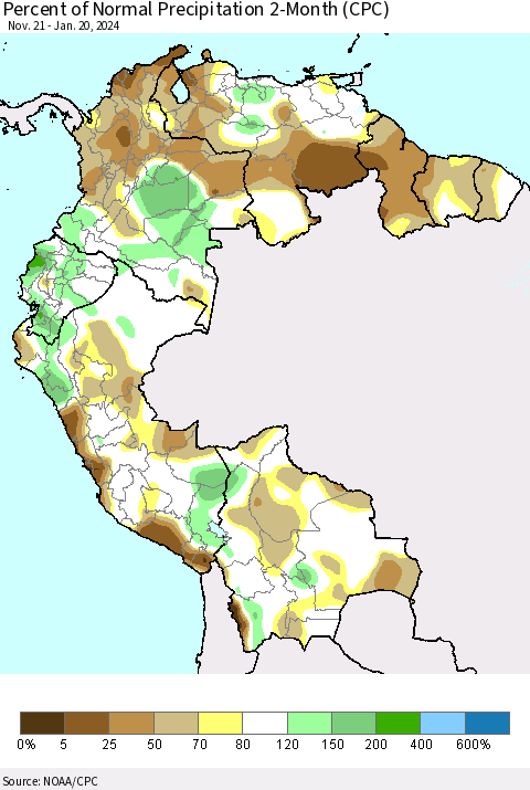 Northern South America Percent of Normal Precipitation 2-Month (CPC) Thematic Map For 11/21/2023 - 1/20/2024