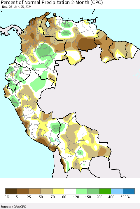 Northern South America Percent of Normal Precipitation 2-Month (CPC) Thematic Map For 11/26/2023 - 1/25/2024