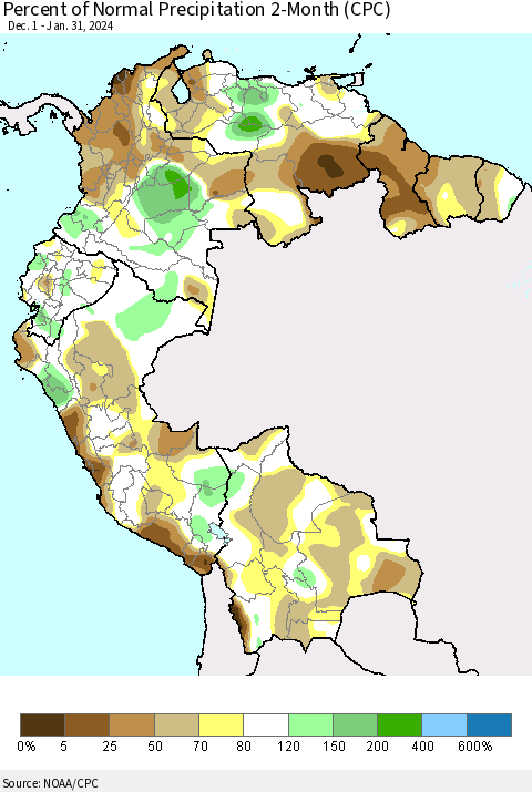 Northern South America Percent of Normal Precipitation 2-Month (CPC) Thematic Map For 12/1/2023 - 1/31/2024