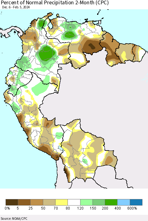 Northern South America Percent of Normal Precipitation 2-Month (CPC) Thematic Map For 12/6/2023 - 2/5/2024