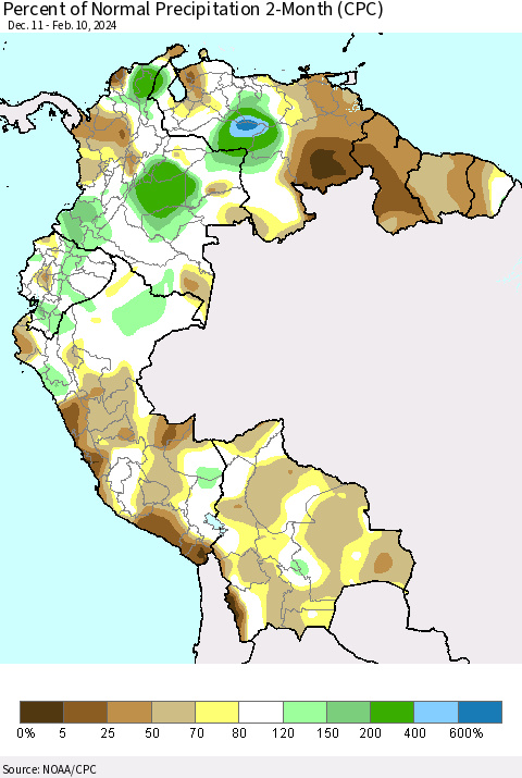 Northern South America Percent of Normal Precipitation 2-Month (CPC) Thematic Map For 12/11/2023 - 2/10/2024