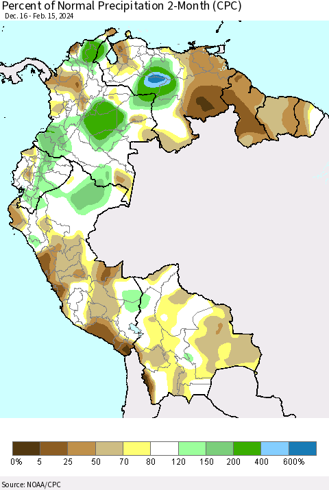 Northern South America Percent of Normal Precipitation 2-Month (CPC) Thematic Map For 12/16/2023 - 2/15/2024