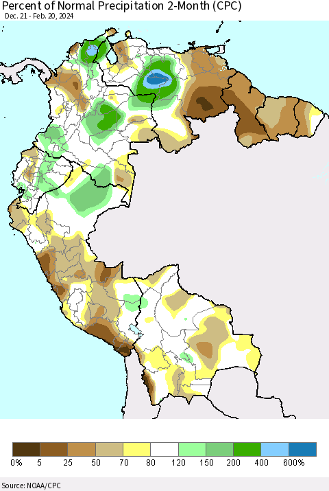 Northern South America Percent of Normal Precipitation 2-Month (CPC) Thematic Map For 12/21/2023 - 2/20/2024