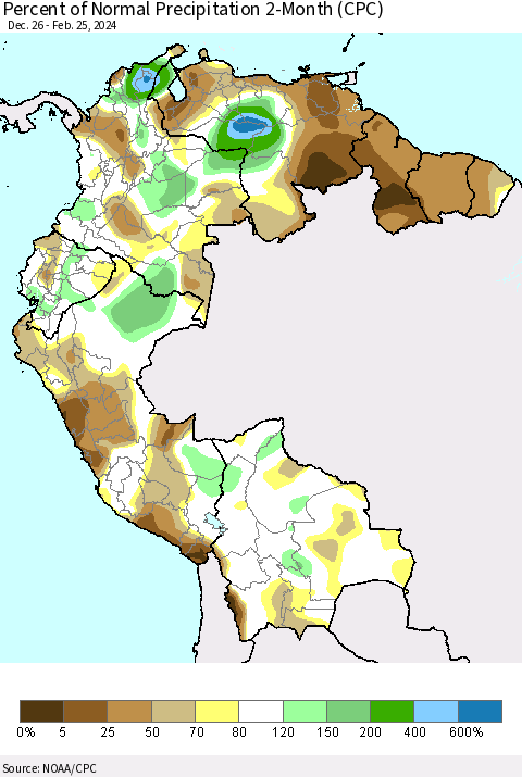 Northern South America Percent of Normal Precipitation 2-Month (CPC) Thematic Map For 12/26/2023 - 2/25/2024