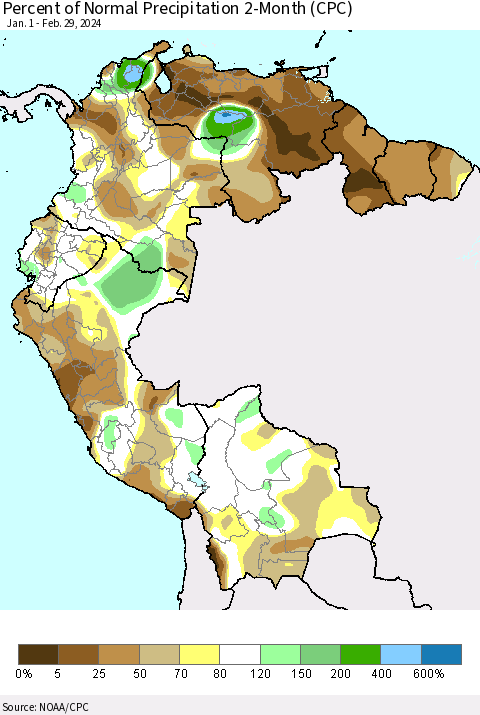 Northern South America Percent of Normal Precipitation 2-Month (CPC) Thematic Map For 1/1/2024 - 2/29/2024
